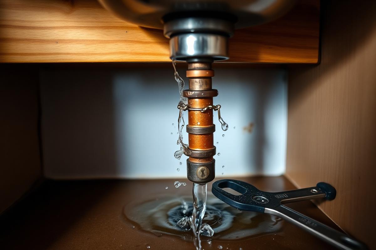 Burst copper pipe leaking under a kitchen sink