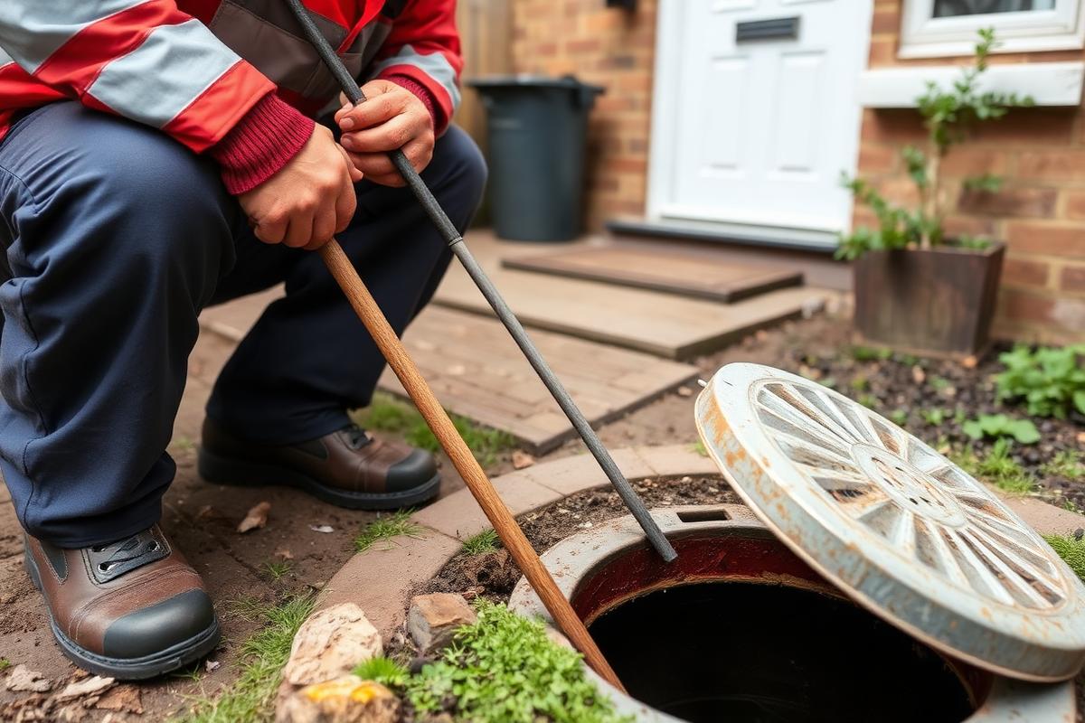 Plumber clearing an outside drain with drain rods