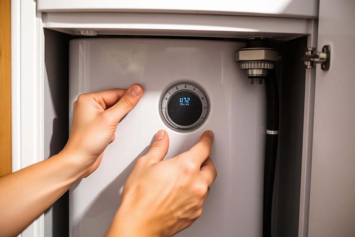 Hands adjusting the pressure gauge on a combi boiler