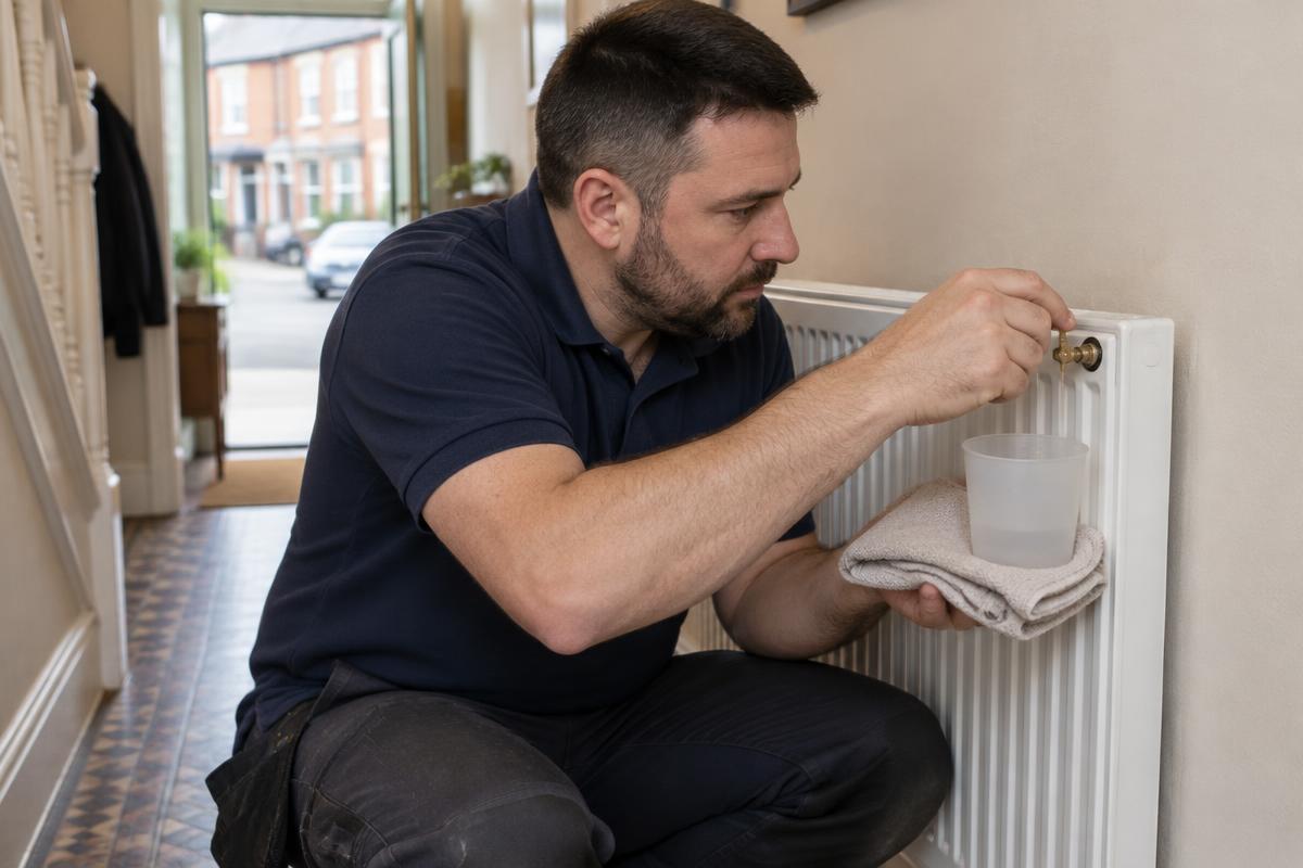 Plumber bleeding air from the top valve of a white panel radiator